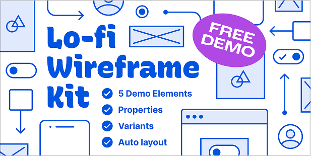 Lo-fi Wireframe Kit Figma Community template preview showing blue line-drawn UI components and icons with a 'Free Demo' badge