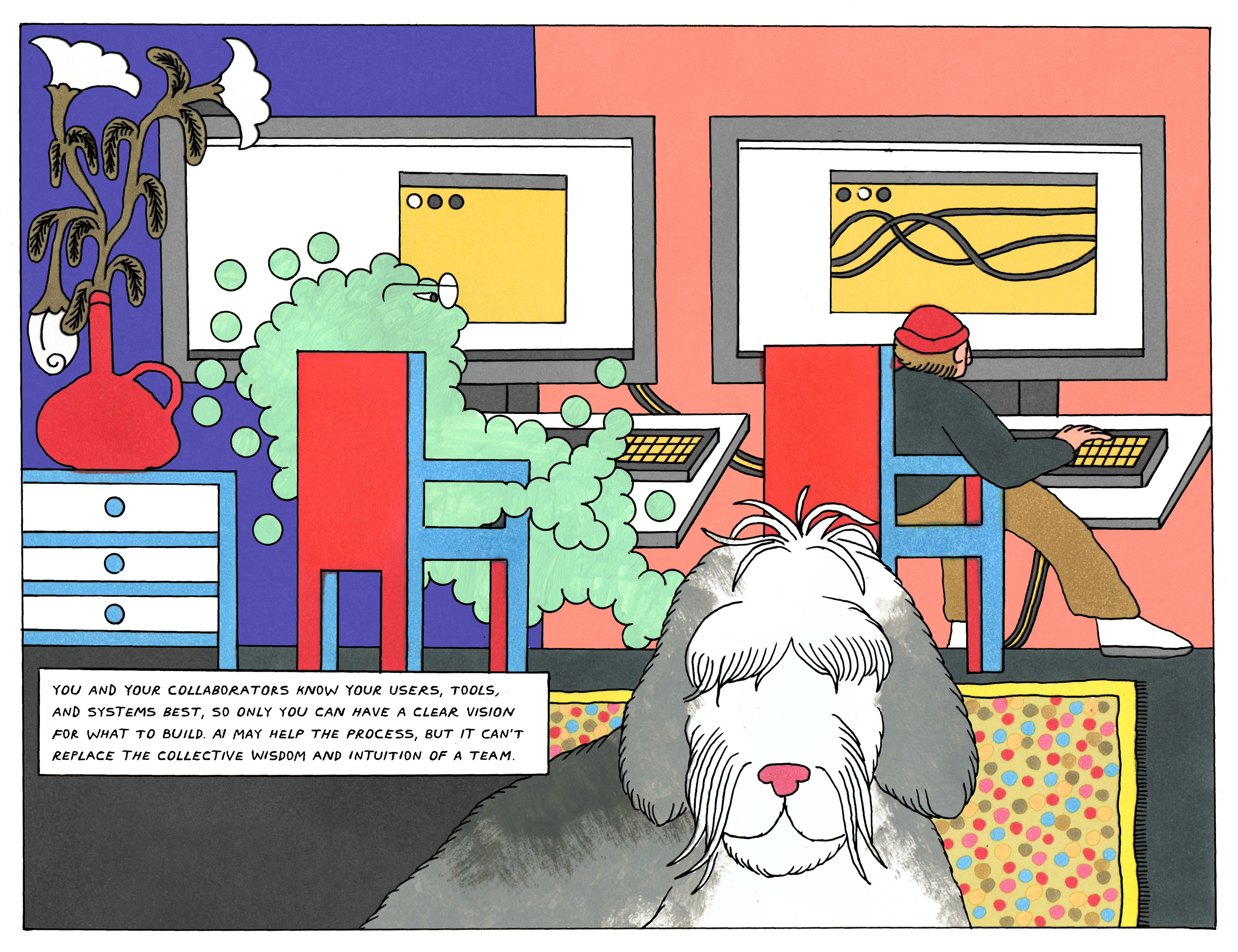 The designer and an AI cloud work at side-by-side computers while their dog rests nearby, highlighting teamwork and human insight in the design process.