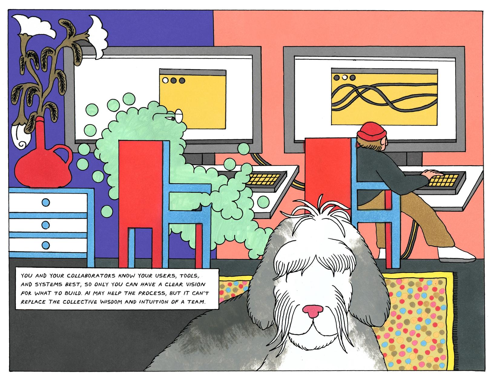 The designer and an AI cloud work at side-by-side computers while their dog rests nearby, highlighting teamwork and human insight in the design process.