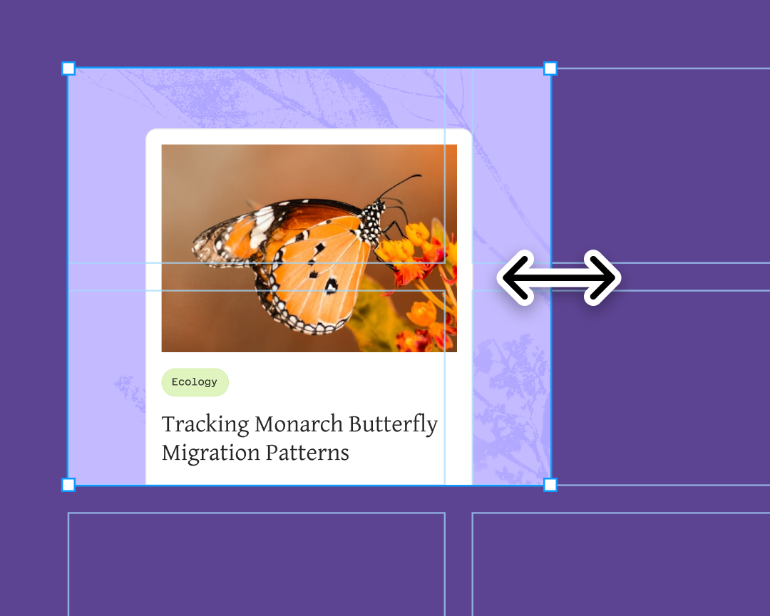 Design interface showing a content card about monarch butterfly migration with an orange butterfly image, "Ecology" tag, and resize handles indicating active editing mode.
