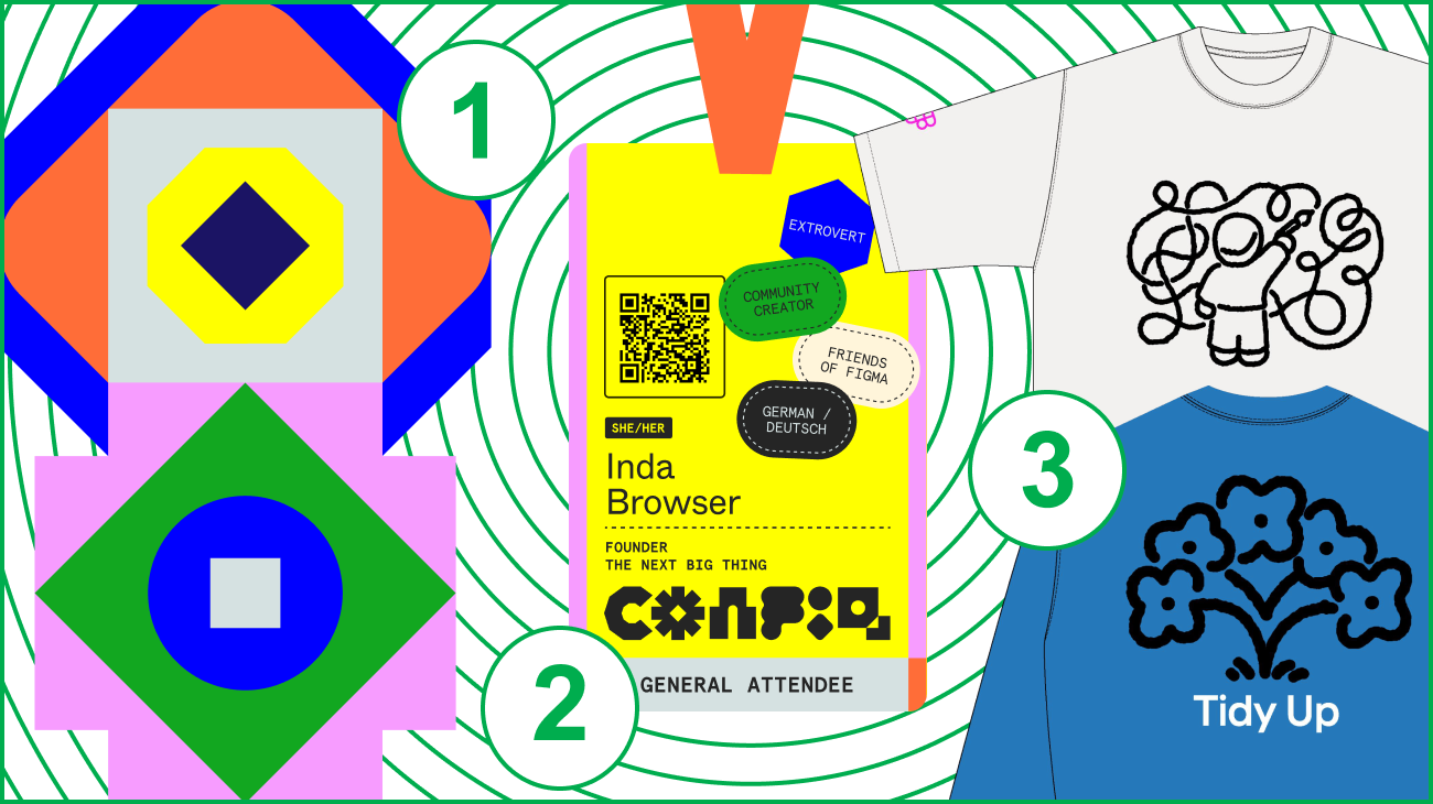 A collage shows 1. Geometric supergraphics in a bold color palette, 2. A yellow Config badge with the name Inda Browser, Founder, The Next Big Thing, and 3. Two printed tees, one showing a person doodling and another with a bouquet of flowers
