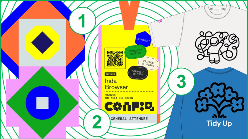 A collage shows 1. Geometric supergraphics in a bold color palette, 2. A yellow Config badge with the name Inda Browser, Founder, The Next Big Thing, and 3. Two printed tees, one showing a person doodling and another with a bouquet of flowers
