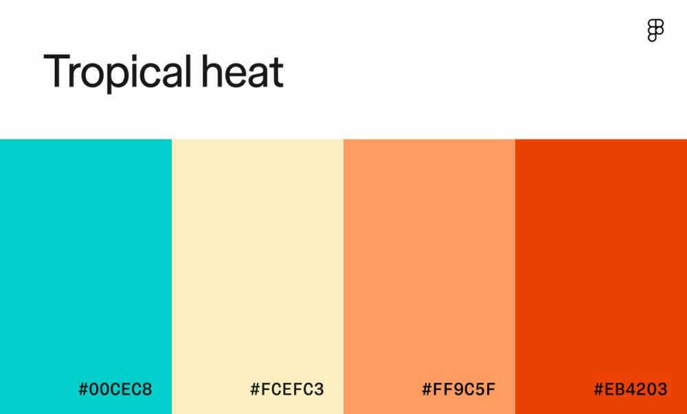 Color palette with vibrant turquoise, warm red and orange, and sandy beige.