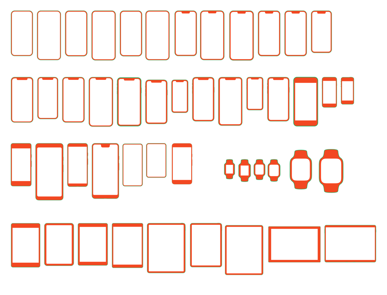 A collection of red outlines representing various Apple and Google devices, including iPhones, iPads, and watches, laid out in a grid format for design selection.
