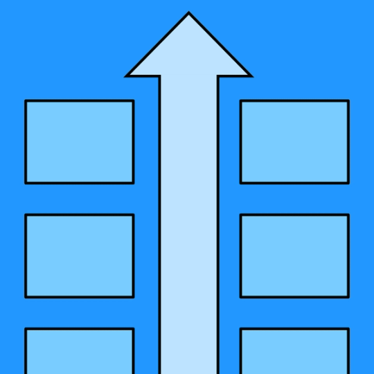 six blue squares with a blue arrow separating them over a dark blue background