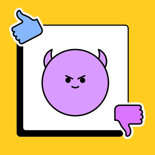 thumbs up and thumbs down hovering over emoji with evil horns