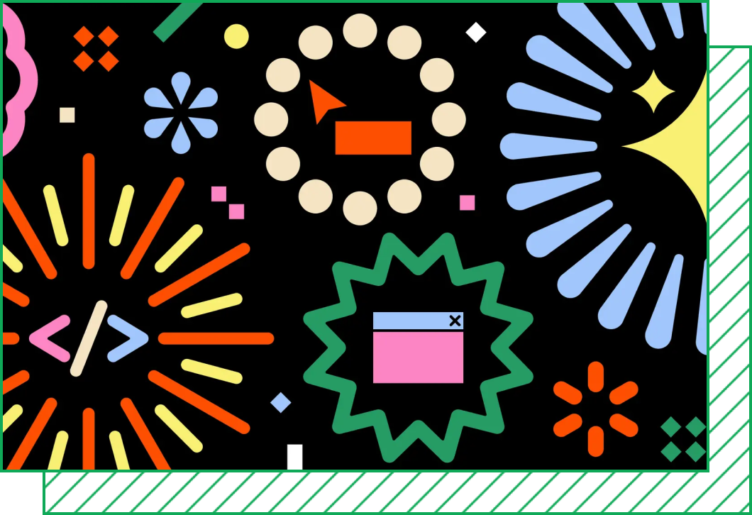  In a colorful illustration, UI and UX elements are framed by starburst shapes.