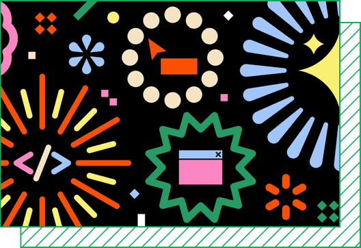 In a colorful illustration, UI and UX elements are framed by starburst shapes.