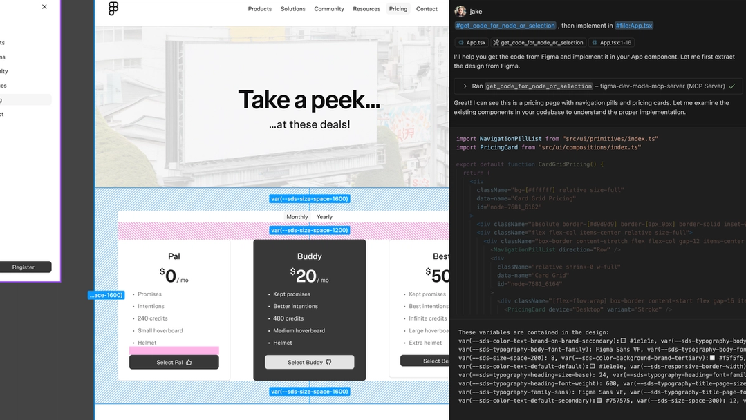 Screenshot of a selected design in Figma with Copilot chat output on the right. The output includes a typescript import statement for a Navigation components as well as a list of code representations for variables that are used in the design.