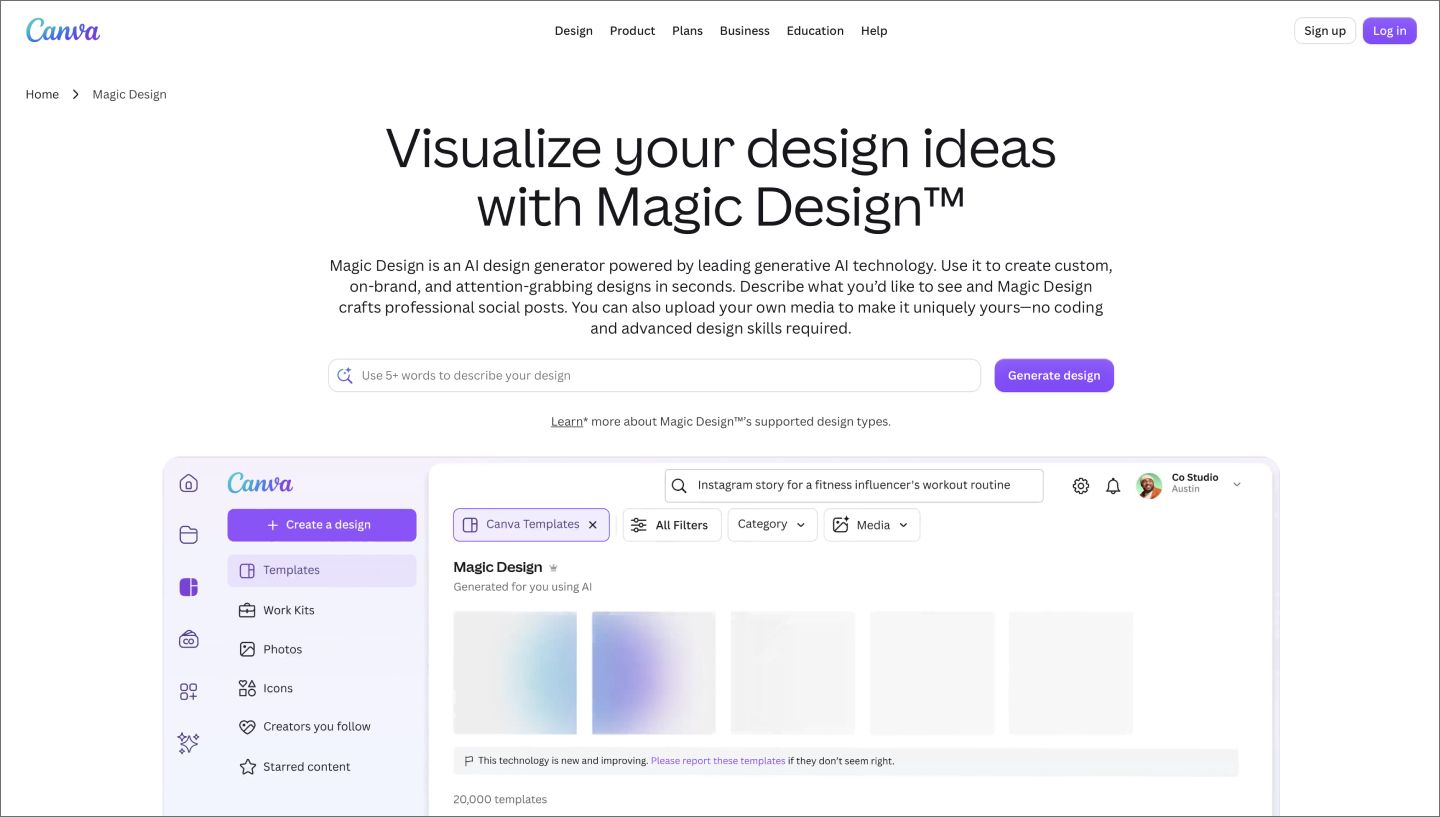 The homepage for Canva Magic Design.