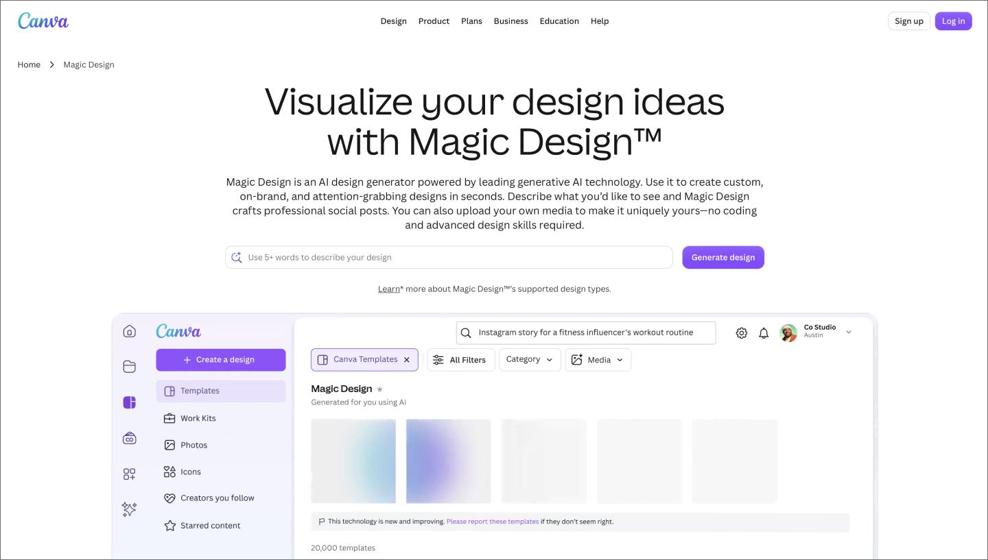 The homepage for Canva Magic Design.