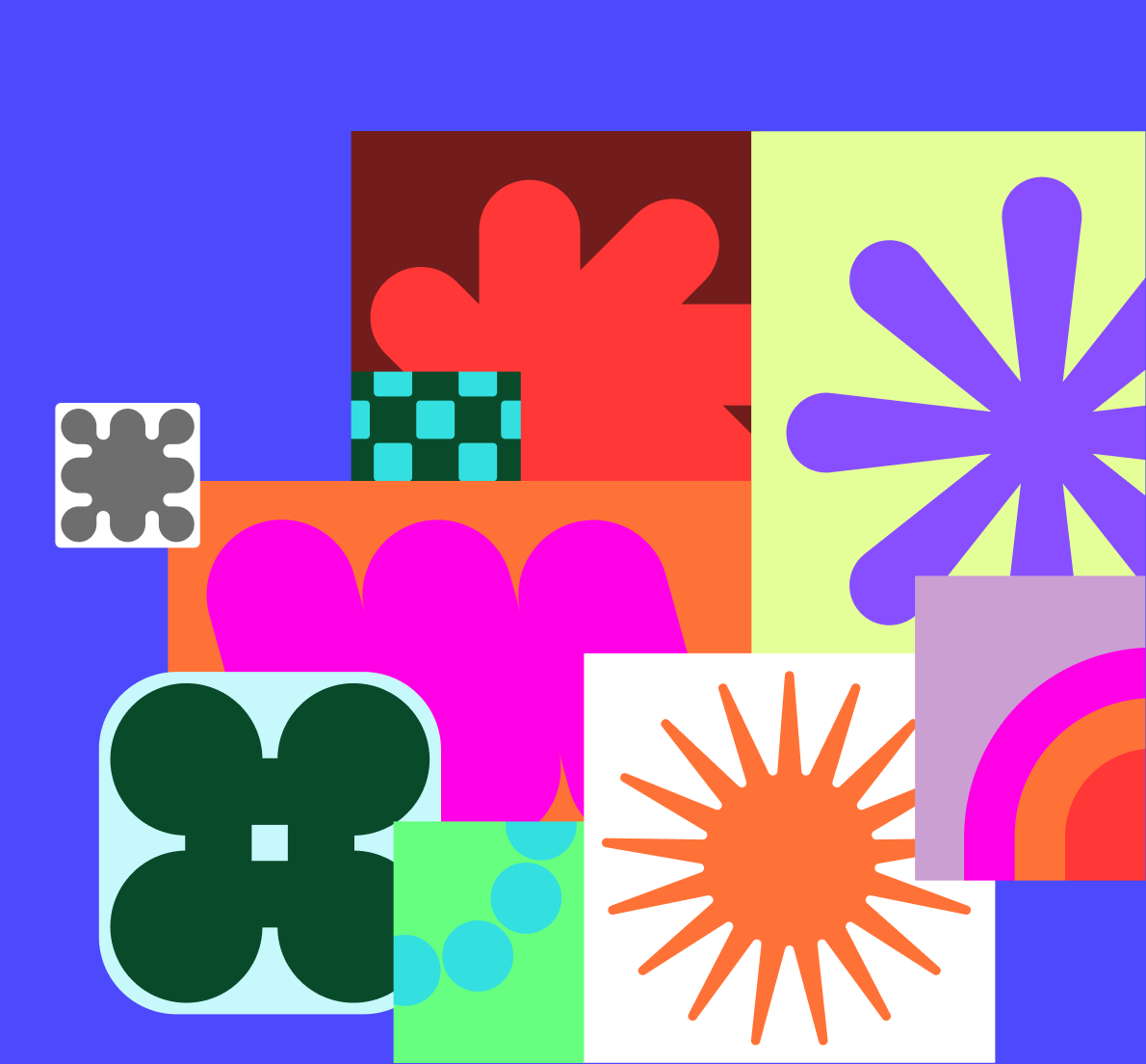 Bright, abstract collage of colorful geometric shapes arranged in a grid on a blue background. Designs include flower-like bursts, petal forms, checkerboard tiles, and overlapping curves in various colors like orange, pink, purple, green, red, and black.