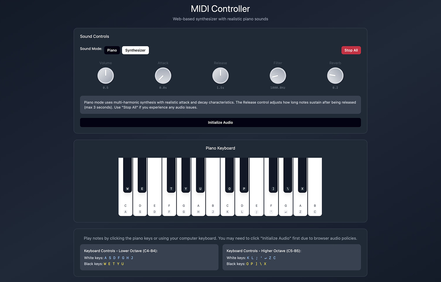 Screenshot of an MIDI controller app, made with Figma Make.