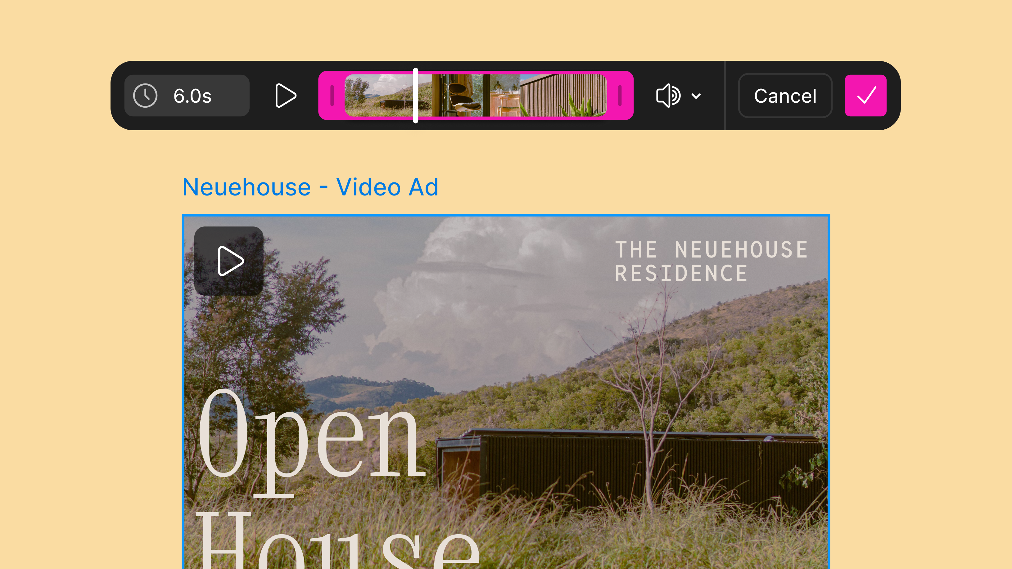 Product UI showing a video scrubber above a marketing asset for an open house tour.