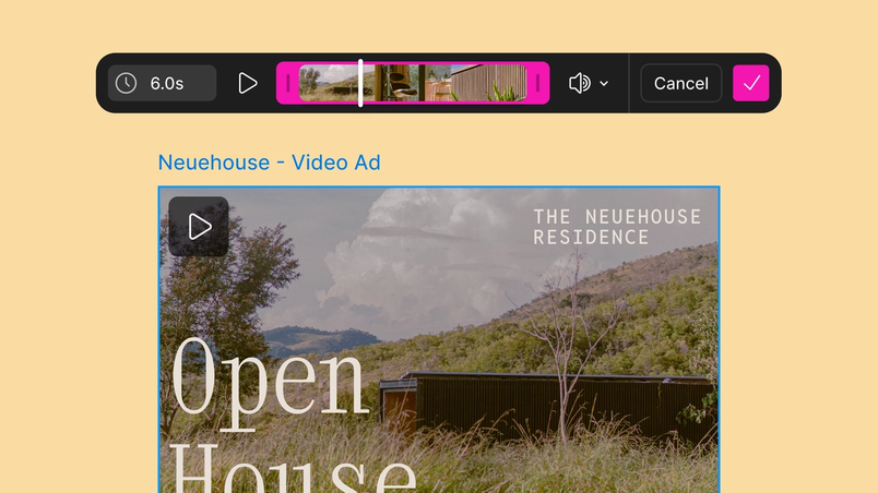 Product UI showing a video scrubber above a marketing asset for an open house tour.