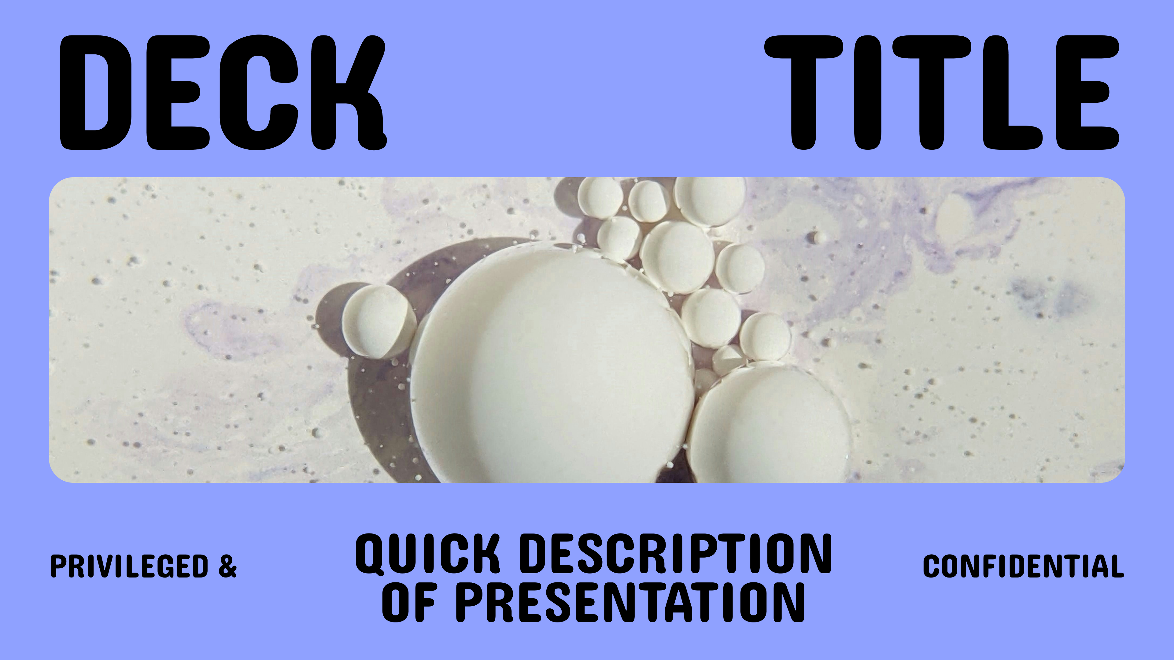 Deck title cover: A presentation slide with a yellow-green header displaying "Deck title" in large black text. Below is an image of a rocky hill, with a pink section on the right containing placeholder text.