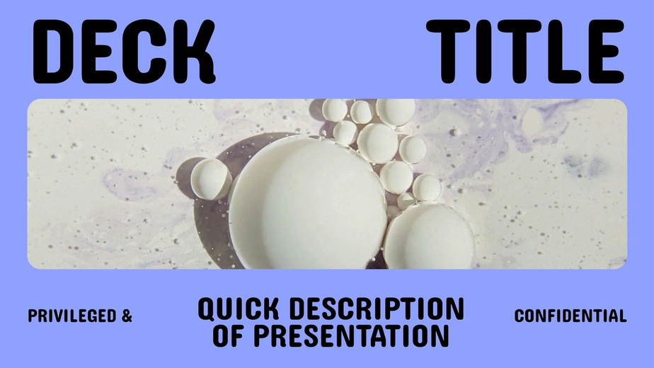 Deck title cover: A presentation slide with a yellow-green header displaying "Deck title" in large black text. Below is an image of a rocky hill, with a pink section on the right containing placeholder text.