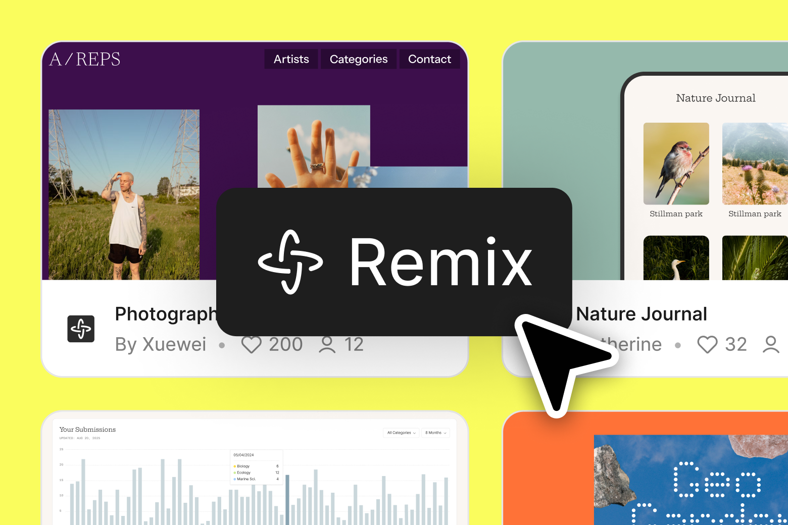 thumbnails of community files with remix and a cursor over top