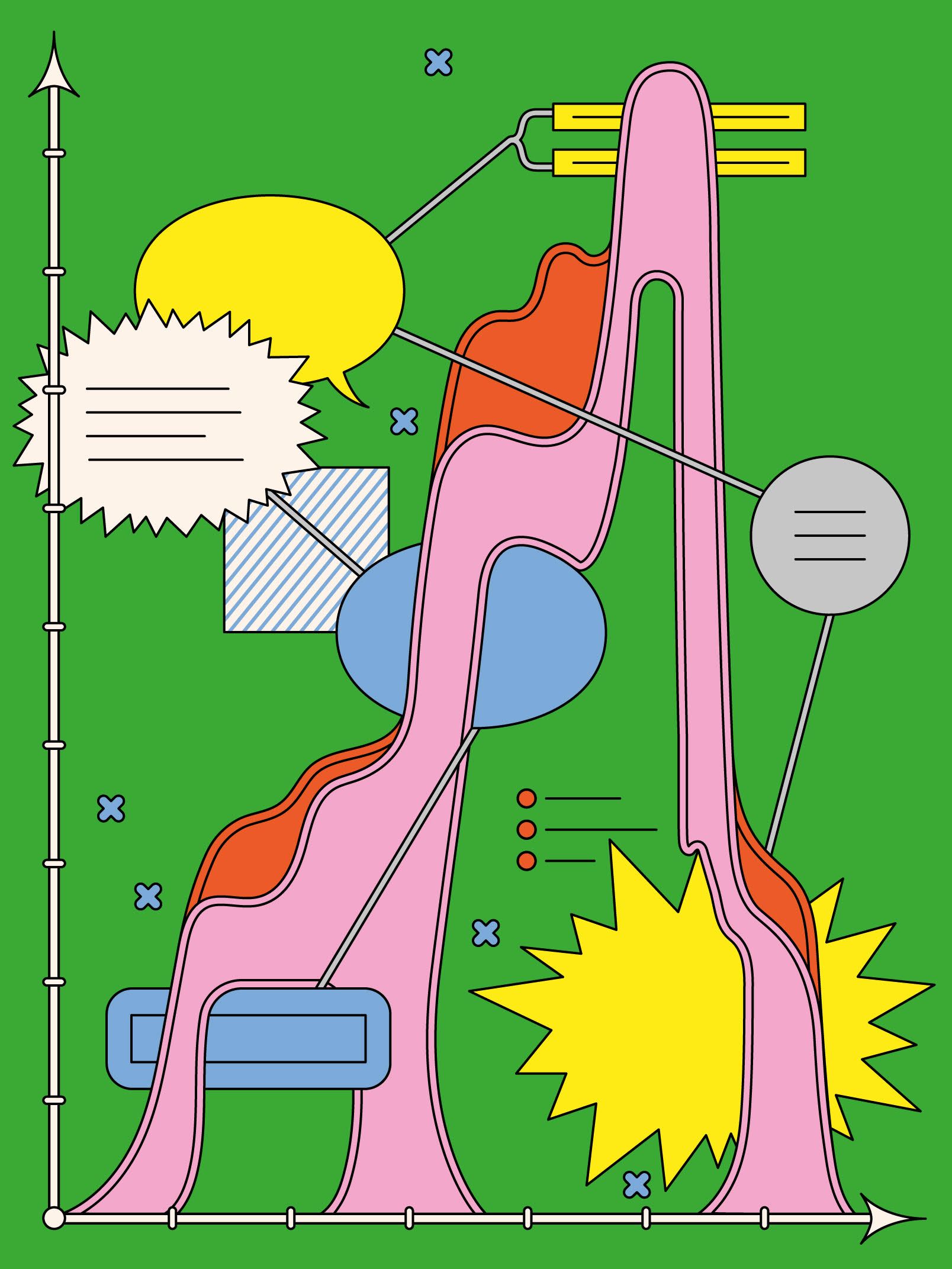 An illustration showing speech bubbles and data interwoven with a chart