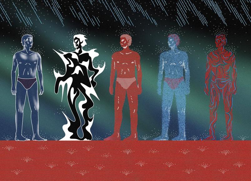 An illustration features five human figures standing side by side. Each figure is uniquely rendered with different artistic styles and colors. From left to right: the first figure is in a dark blue tone with realistic shading, the second is a black-and-white abstract figure with fluid, fiery patterns, the third is red with detailed linework, the fourth is a light blue figure composed of tiny dots, and the fifth is a red figure with intricate, maze-like patterns. The background is a dark, starry sky with streaks of rain, and the ground is a textured red surface.
