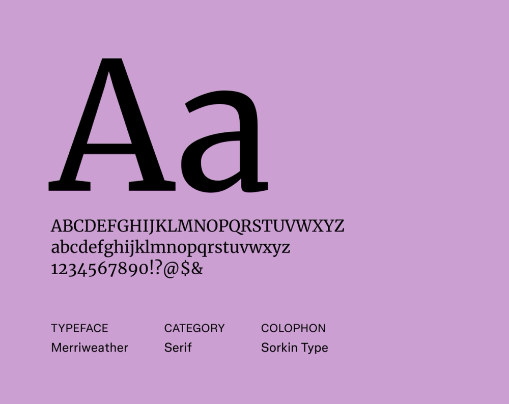 Merriweather sample with generous x‑height, robust serifs, and slightly condensed, screen-optimized shapes.