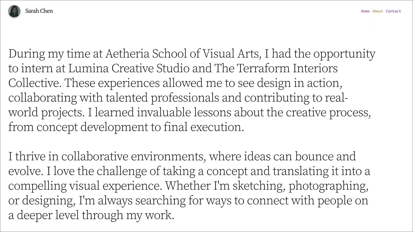 The about me page for a design student, focusing on her schooling and internships.