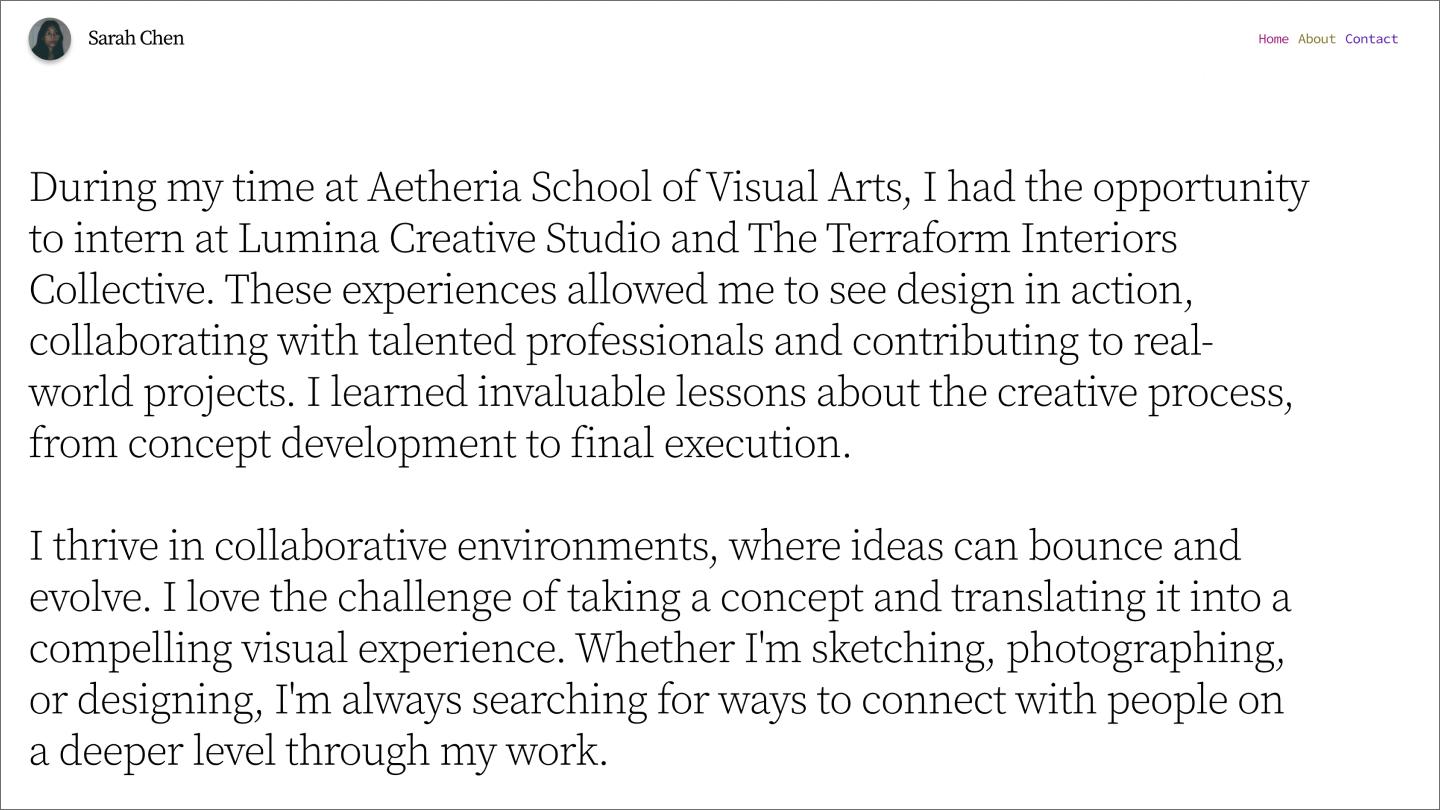 The about me page for a design student, focusing on her schooling and internships.