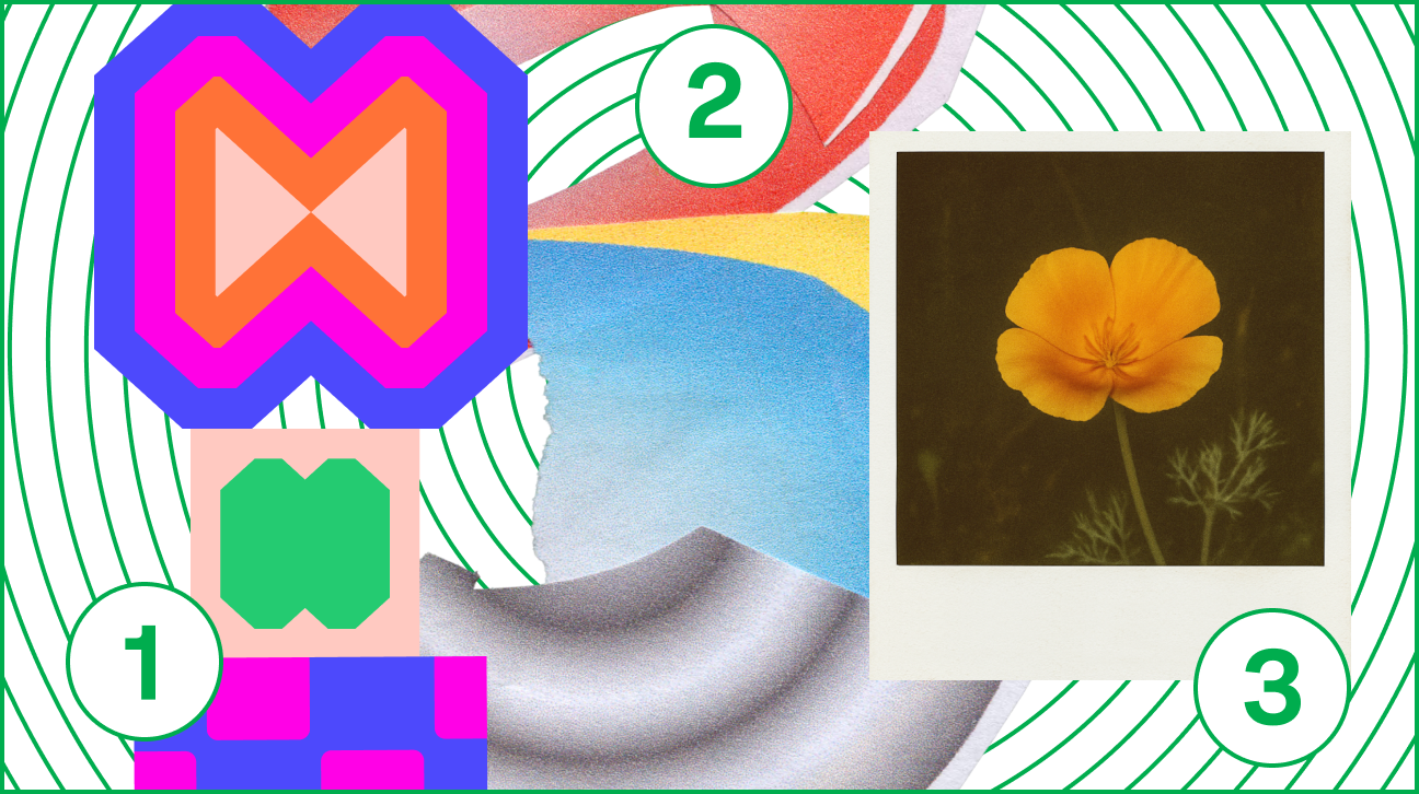 1) A pillar of colorful abstract shapes 2) Abstract multicolor collage 3) A polaroid of an orange poppy