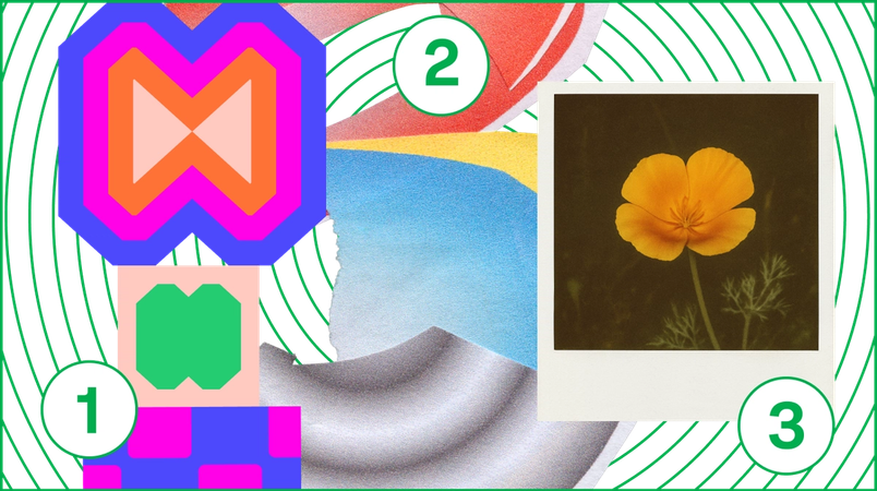 1) A pillar of colorful abstract shapes 2) Abstract multicolor collage 3) A polaroid of an orange poppy