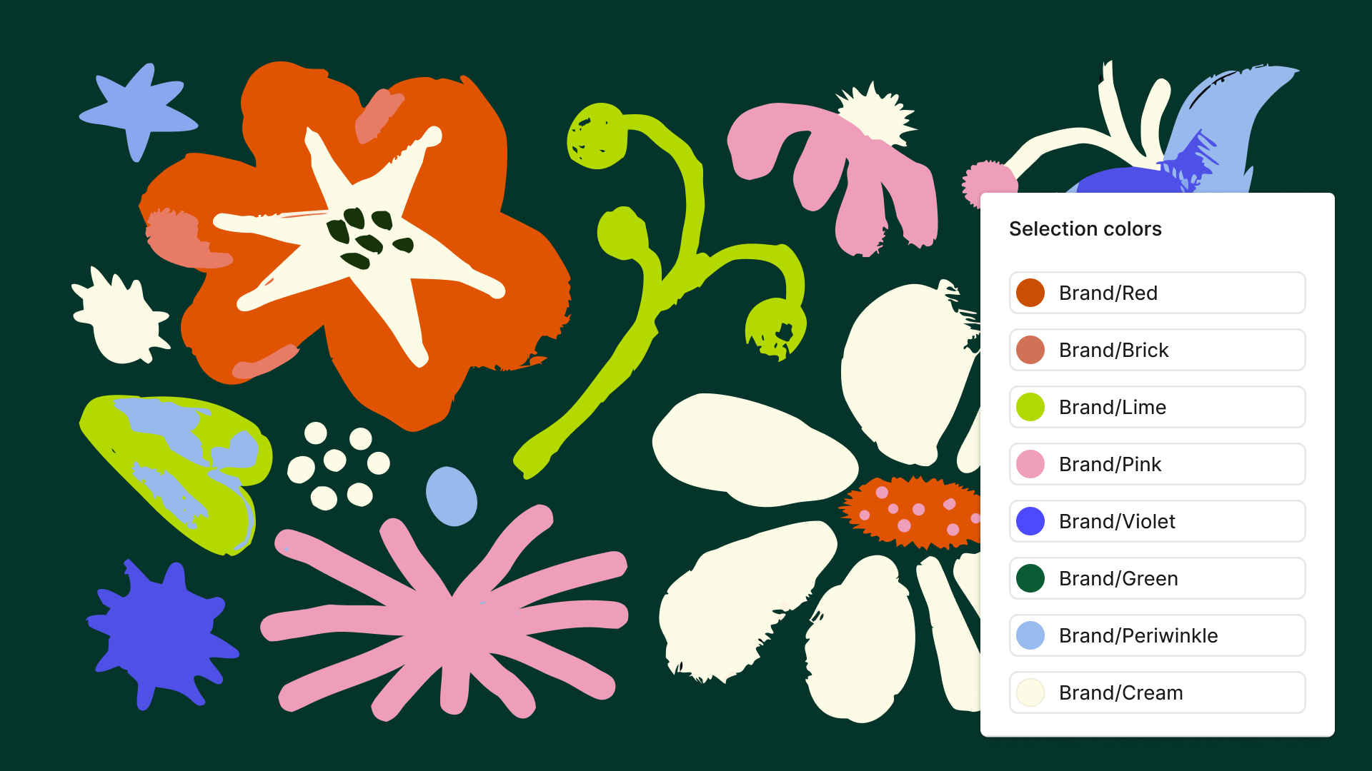 Vector illustration with a color selection panel open, displaying multiple brand color variables applied to different shapes.