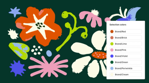 Vector illustration with a color selection panel open, displaying multiple brand color variables applied to different shapes.