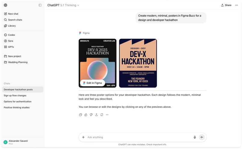 Screenshot of the Figma app in ChatGPT generating two Figma Buzz assets for a design and developer hackathon