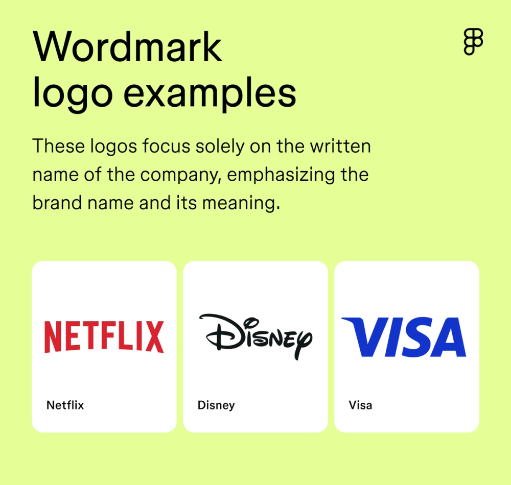 Definition and examples of wordmark logos including Netflix, Disney, and Visa.
