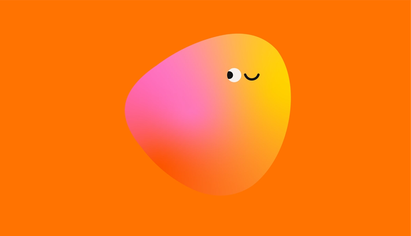 A cute cartoon blob shape with pink to yellow gradient coloring, one eye, and a smiling face against an orange background