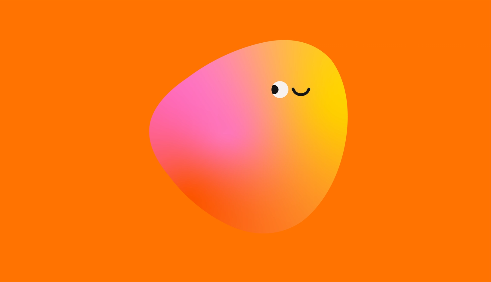 A cute cartoon blob shape with pink to yellow gradient coloring, one eye, and a smiling face against an orange background