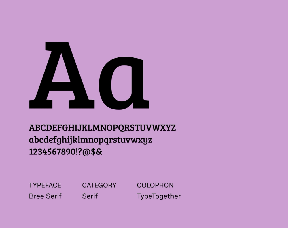 Bree Serif sample with lively rounded serifs, slightly slanted posture, and a cheerful personality.