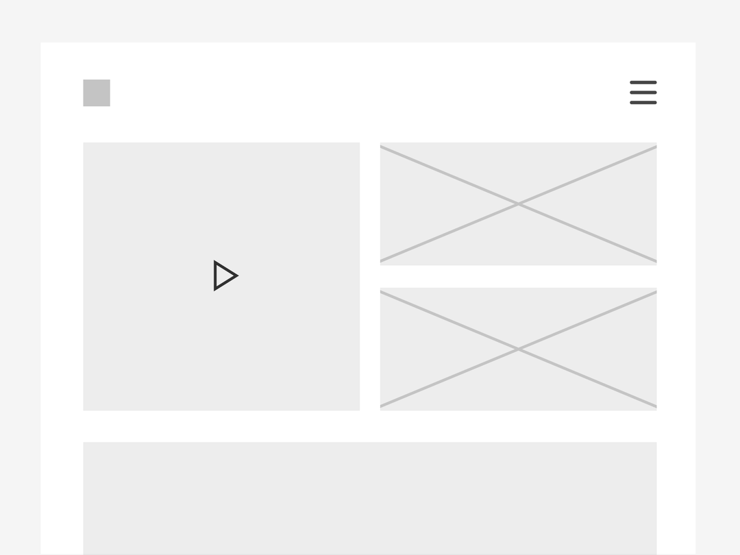 Wireframe of a webpage featuring a central grey box with a play button representing a video player, and smaller grey rectangles for images.