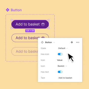A panel view of boolean properties for an “Add to Basket” button component.