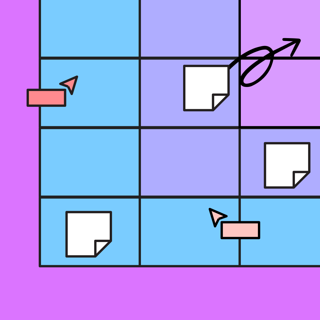 closeup shot of a colorful square chart with sticky notes and icons overalyed on top
