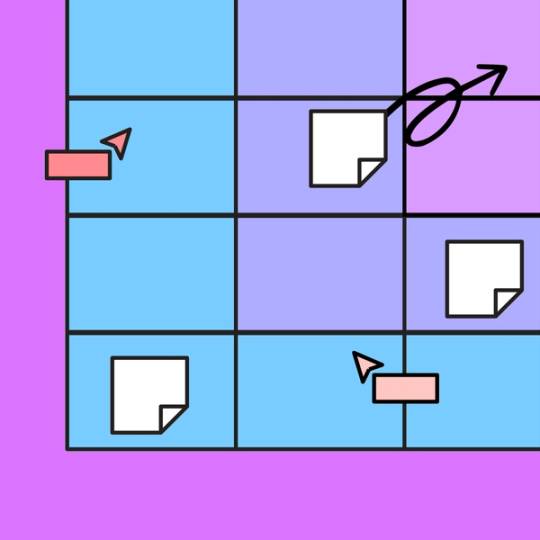 closeup shot of a colorful square chart with sticky notes and icons overalyed on top