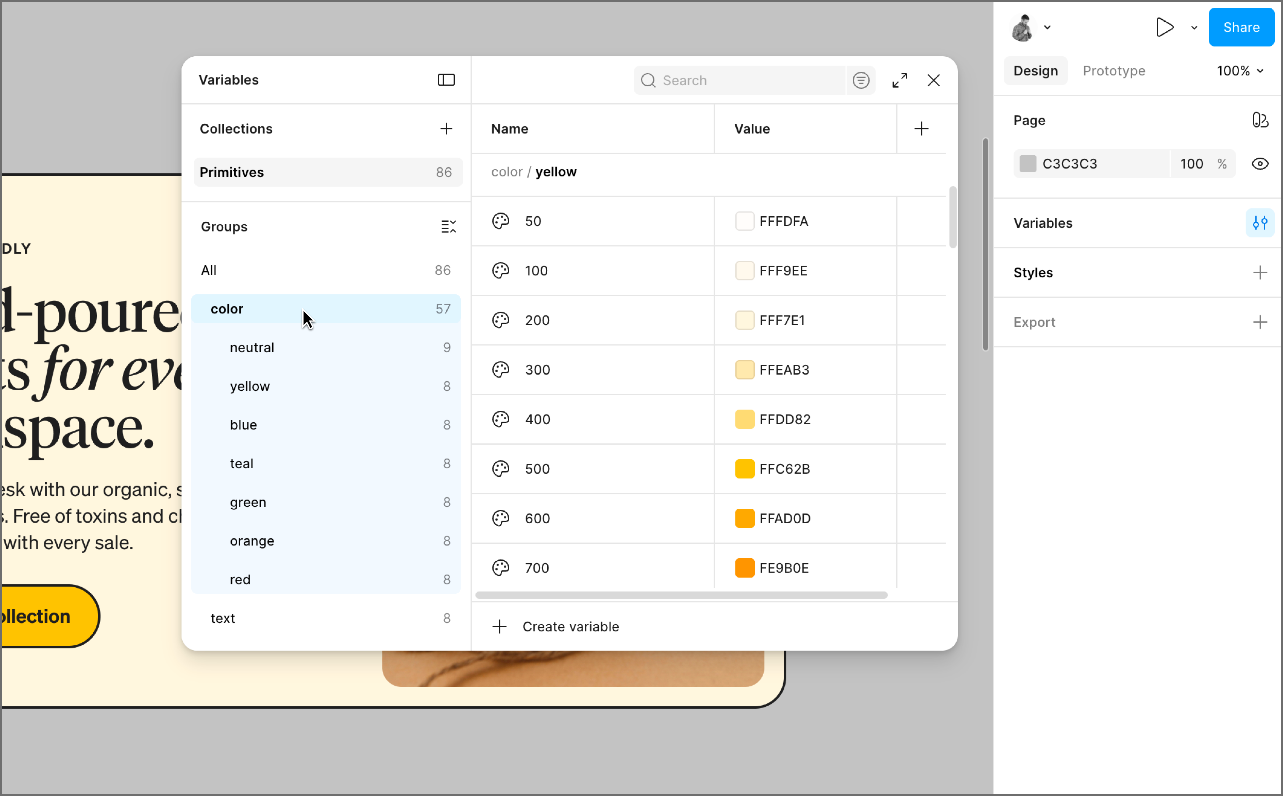 A Figma design file showing the local variables panel with a Primitives collection open, showing a list of color variables and their hex codes.