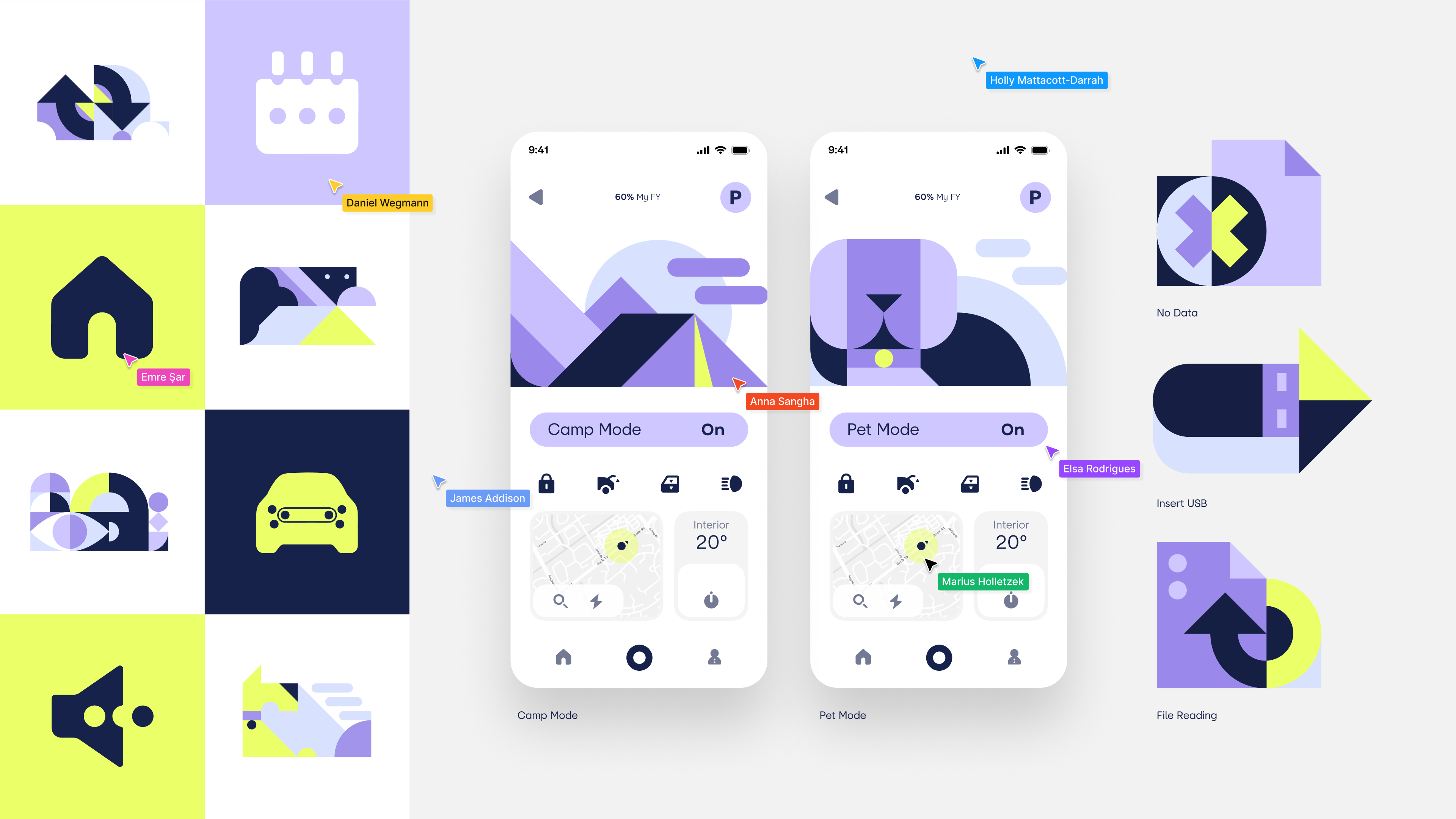 screens and icons of various modes and interactions with cursors overlay