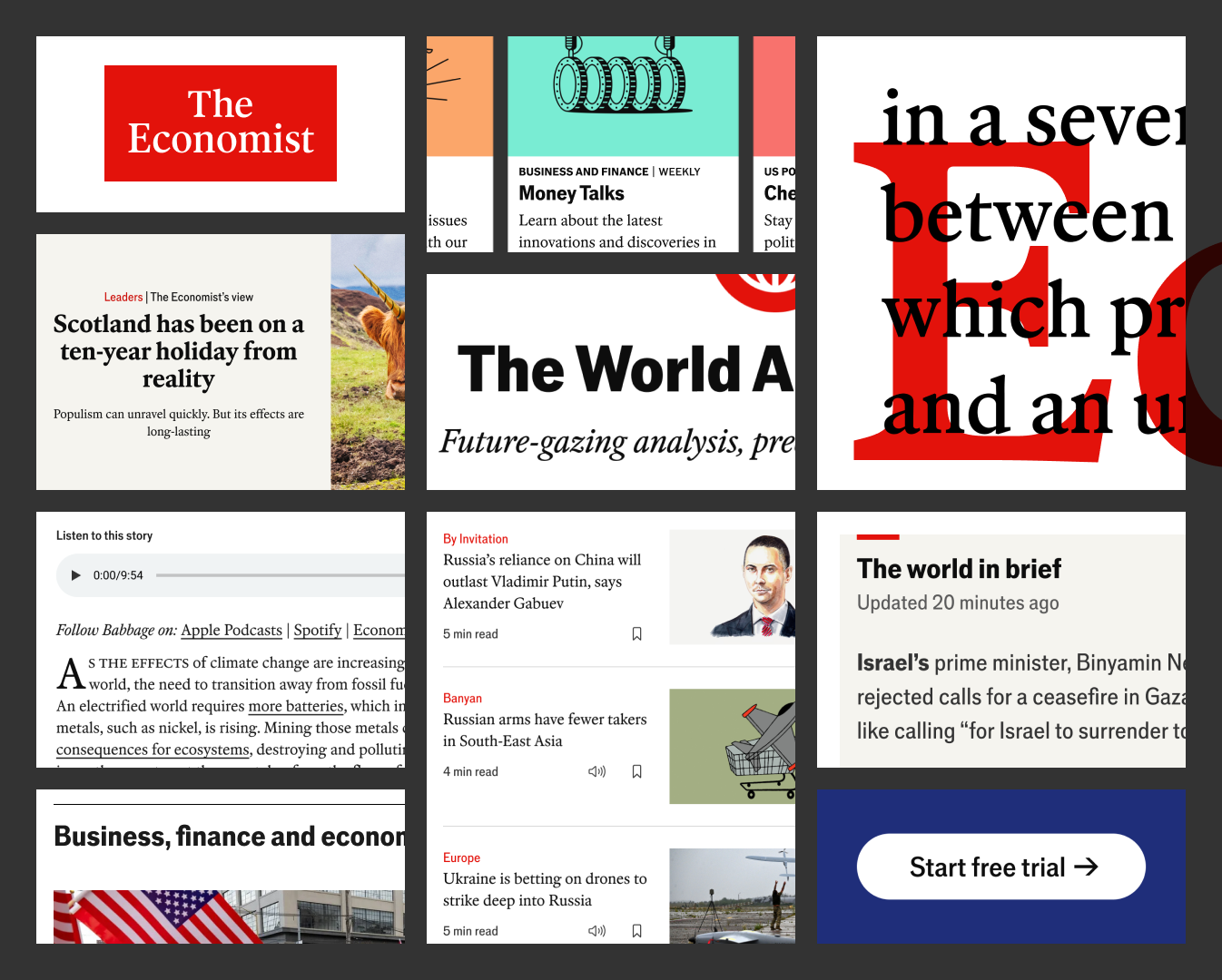 Screenshots show how the new typefaces appear in different contexts like headlines, body copy, the Economist logo, and buttons.