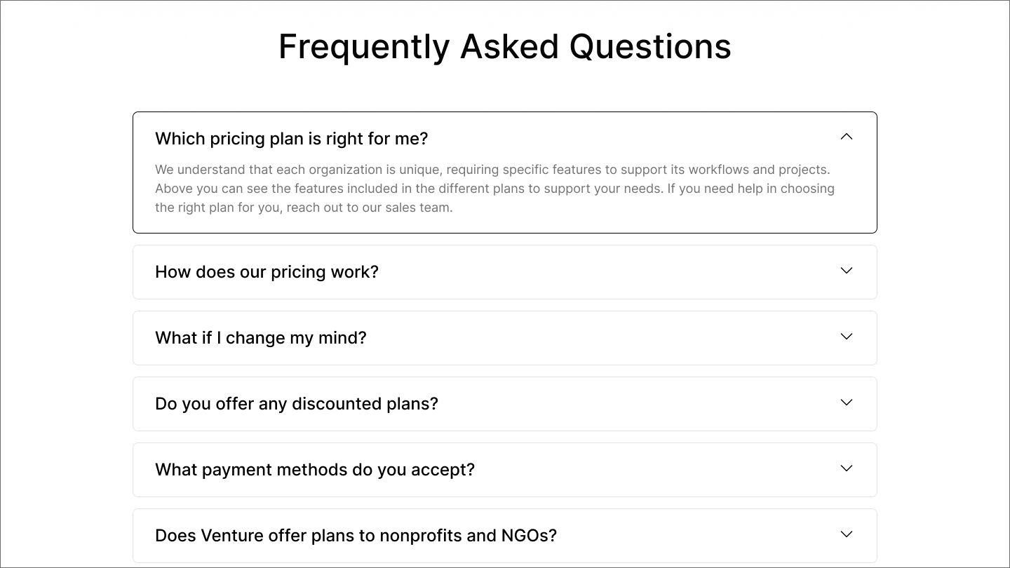 A pricing page’s section for frequently asked questions