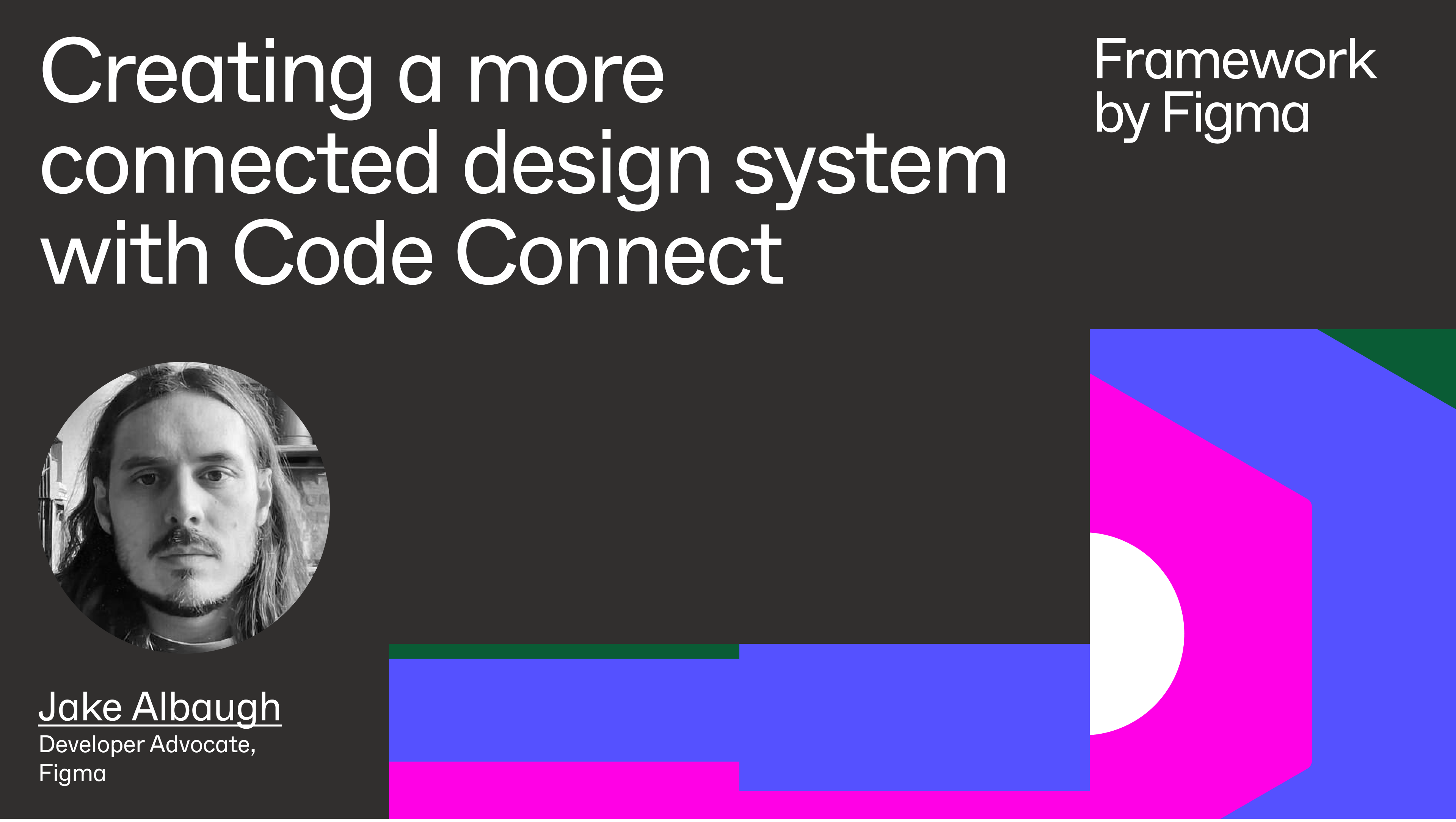 A title card with "Creating a more connected design system with Code Connect" text, displaying a photo and name of Jake Albaugh, Developer Advocate at Figma.