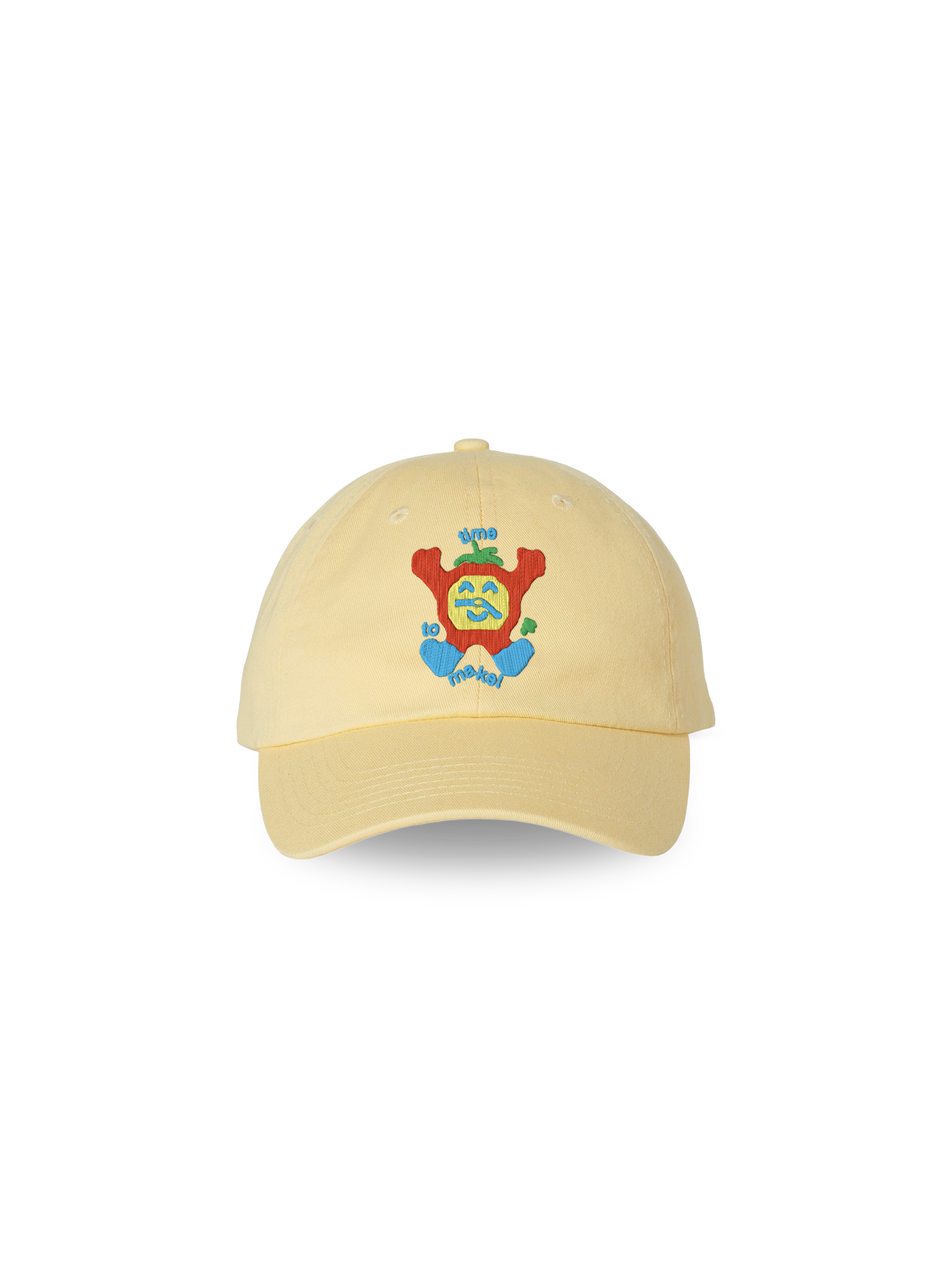 A colorful tomato character with a smiling face and the text "time to make!" embroidered on a yellow baseball cap