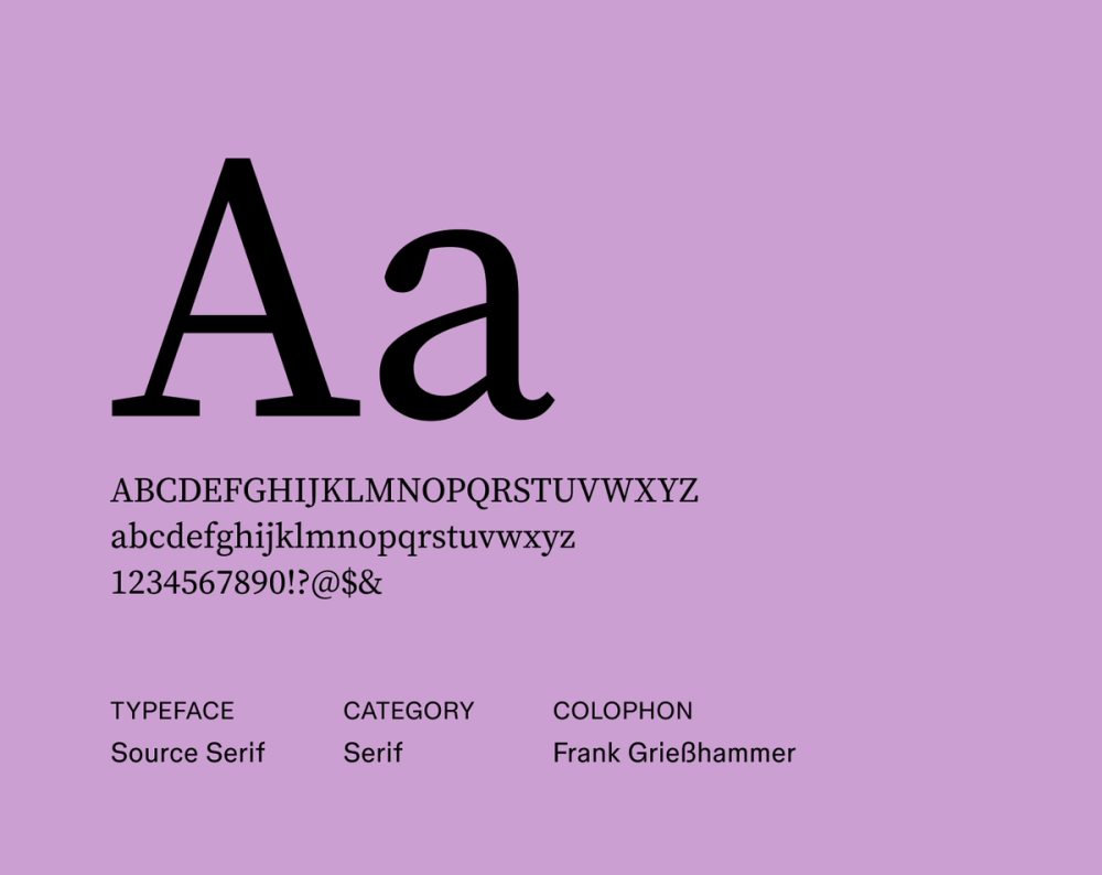 Source  Serif sample displaying balanced, open letterforms with subtle humanist touches and clean serif strokes.