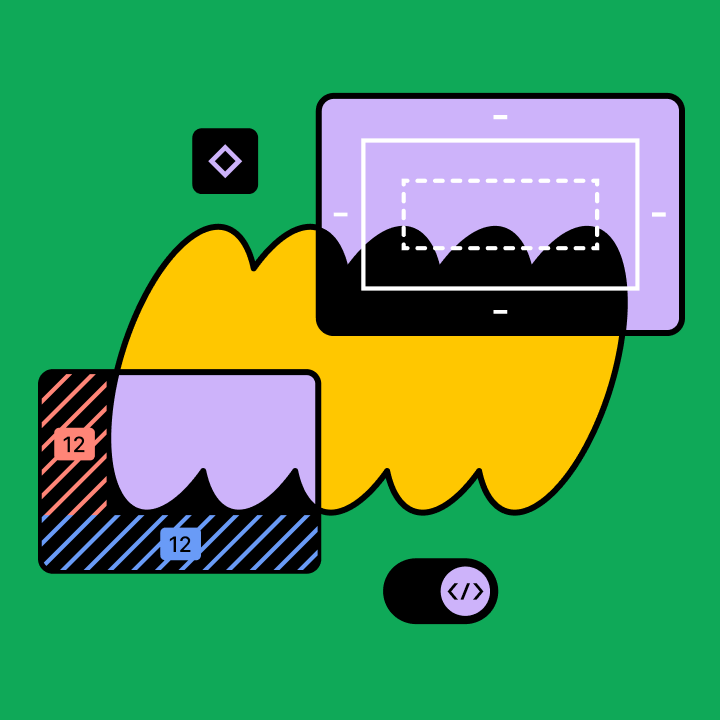 A graphic representation of a yellow shape overlaid by a CSS box model and padding, plus Dev Mode toggles around the edge.