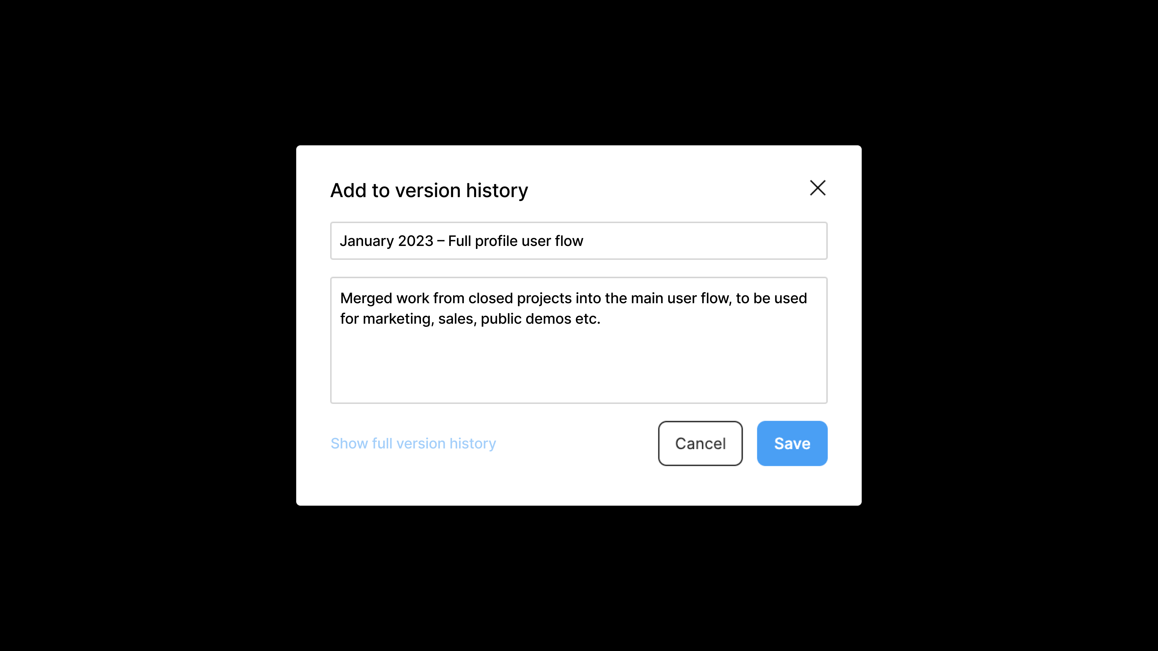 A screenshot of the Figma version history feature. The title field reads "January 2023 - Full profile user flow."