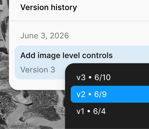 A Figma Make file dropdown showing three different file versions to choose from